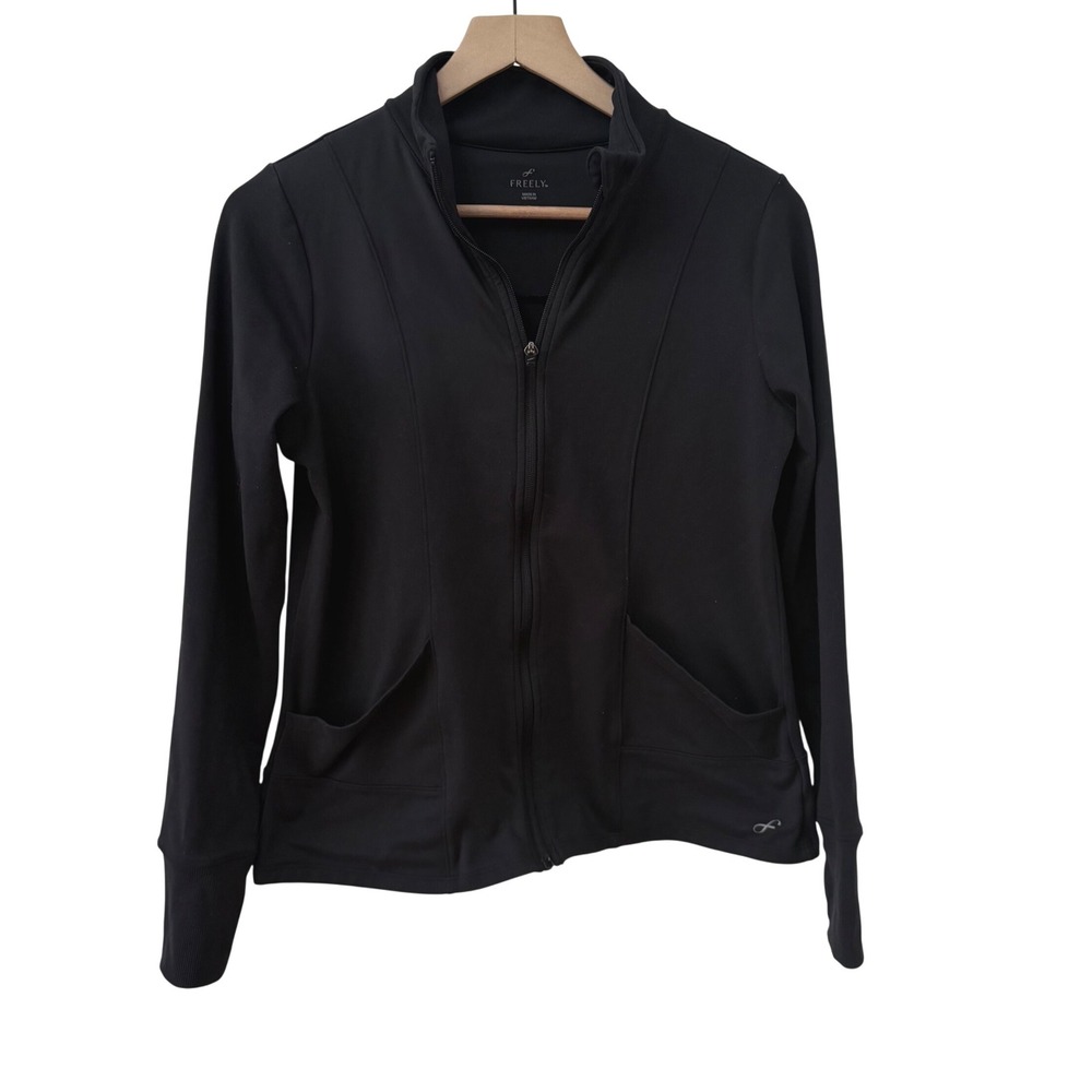 Freely Athletic Jacket Size M Black Full Zip Mock Neck Thumbhole Pockets